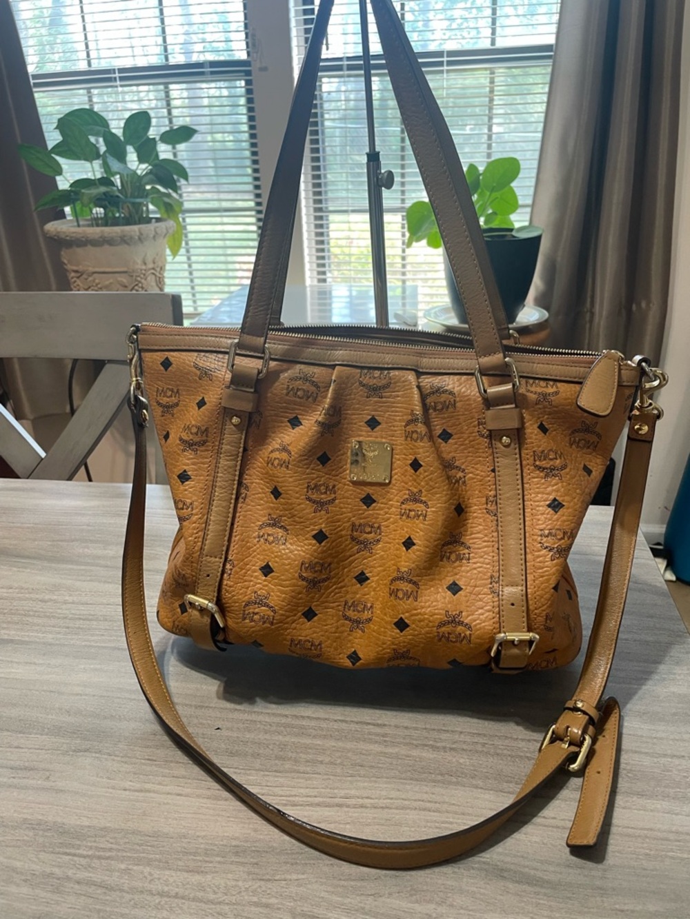 MCM Cognac Visetos Monogrammed Tote in Tan Leather Trim